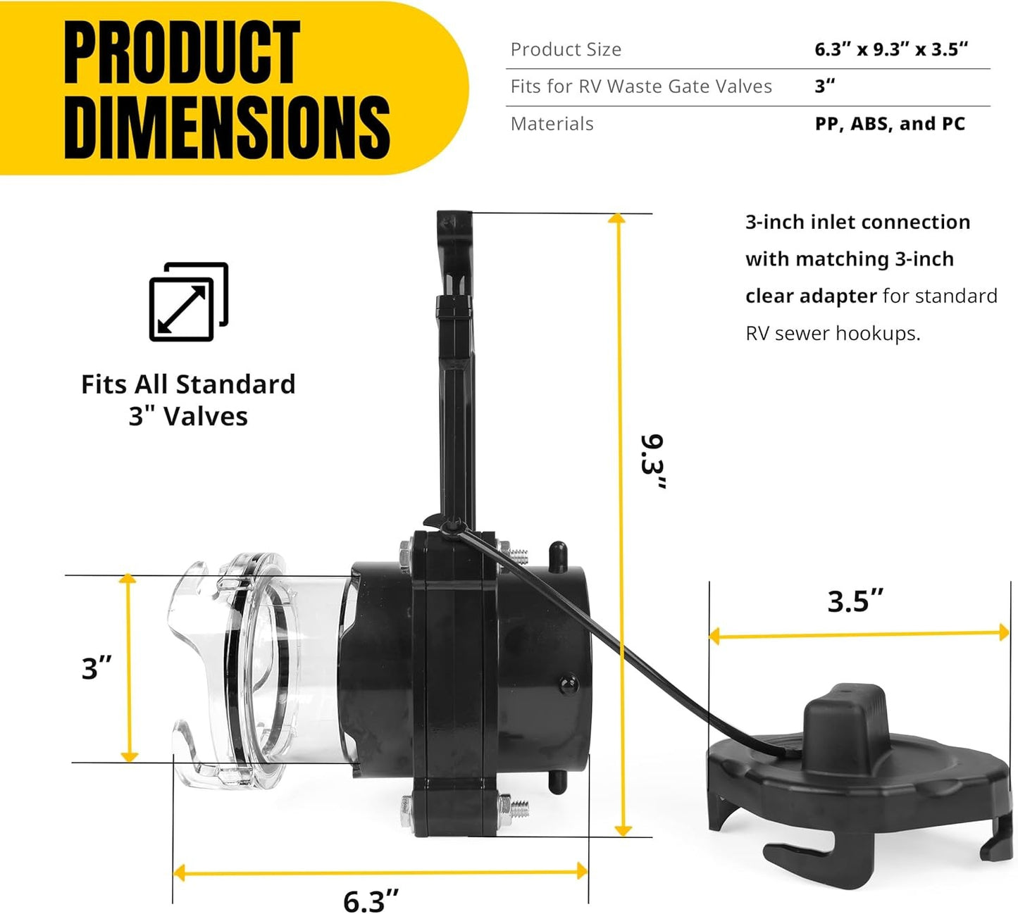 51170 RV Waste Valve 3" with Clear Adapter and Cap – Leak-Proof, Odor Blocking