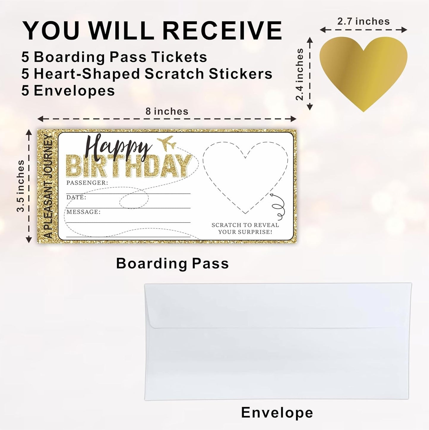3.5" X 8" Boarding Pass Gift Ticket, Happy Birthday Surprise Reveal Cards
