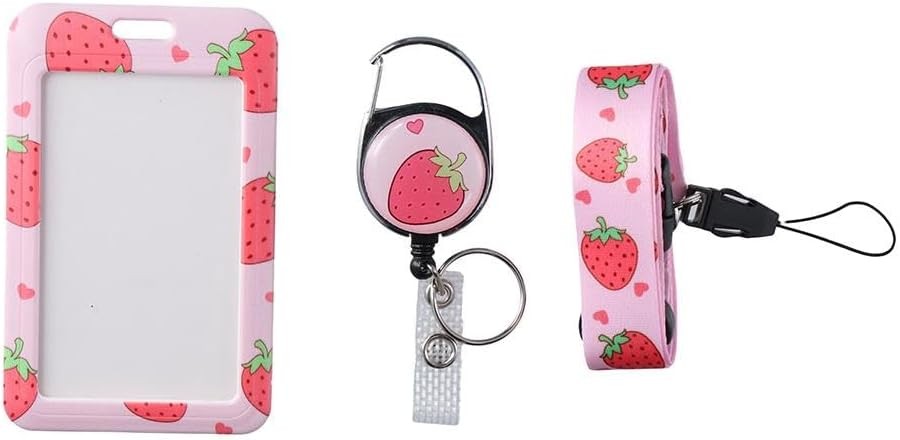 Pink Strawberry ID Badge Holder with Lanyard and Retractable Badge Reel Clip