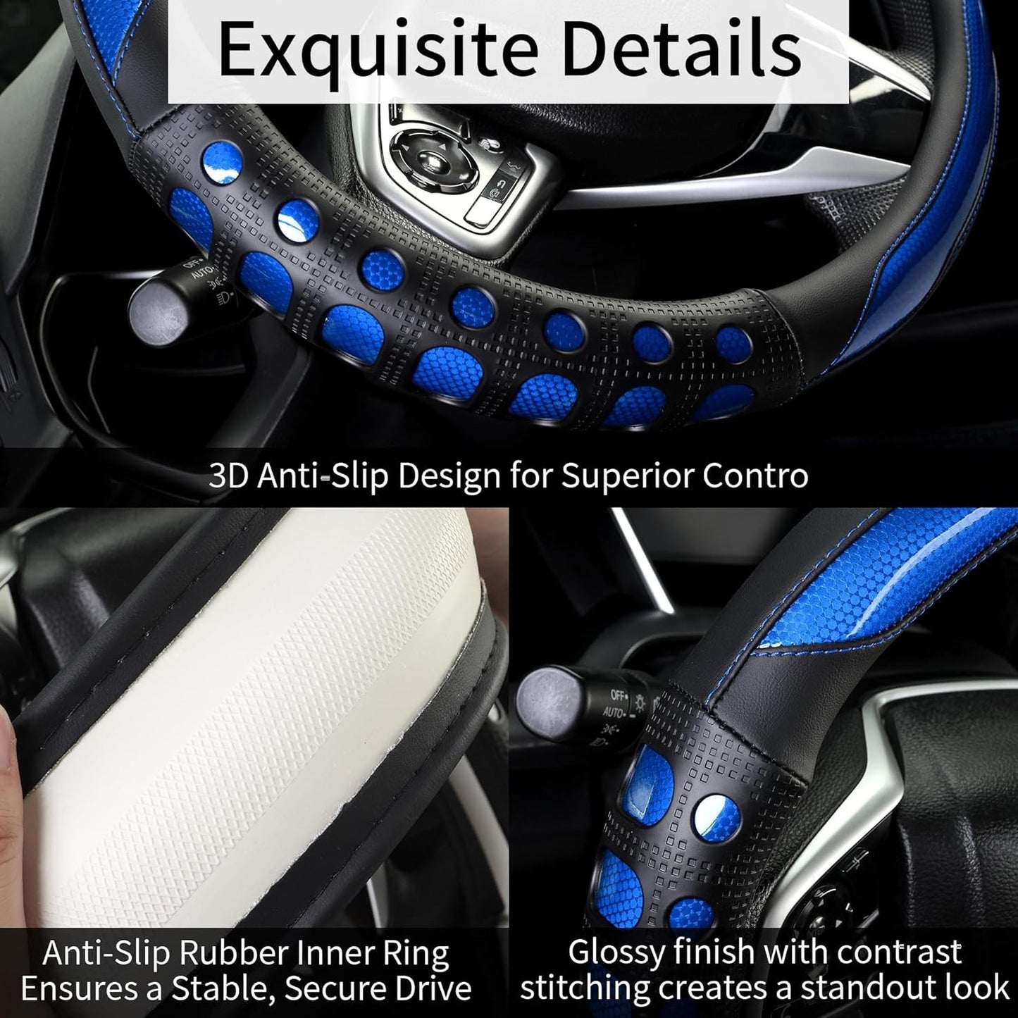 PU Leather Car Steering Wheel Cover Anti-Slip Grip for Women and Men14.5-15 Inch