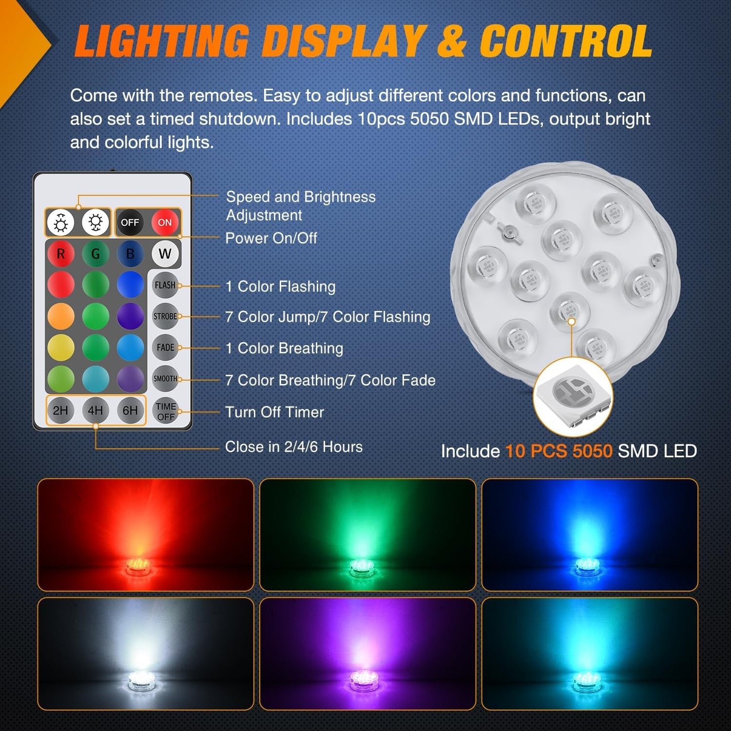 Marine Boat Light 4 PCS 10LED RGB Wireless Cabin Ambiance Multi Color Exterior