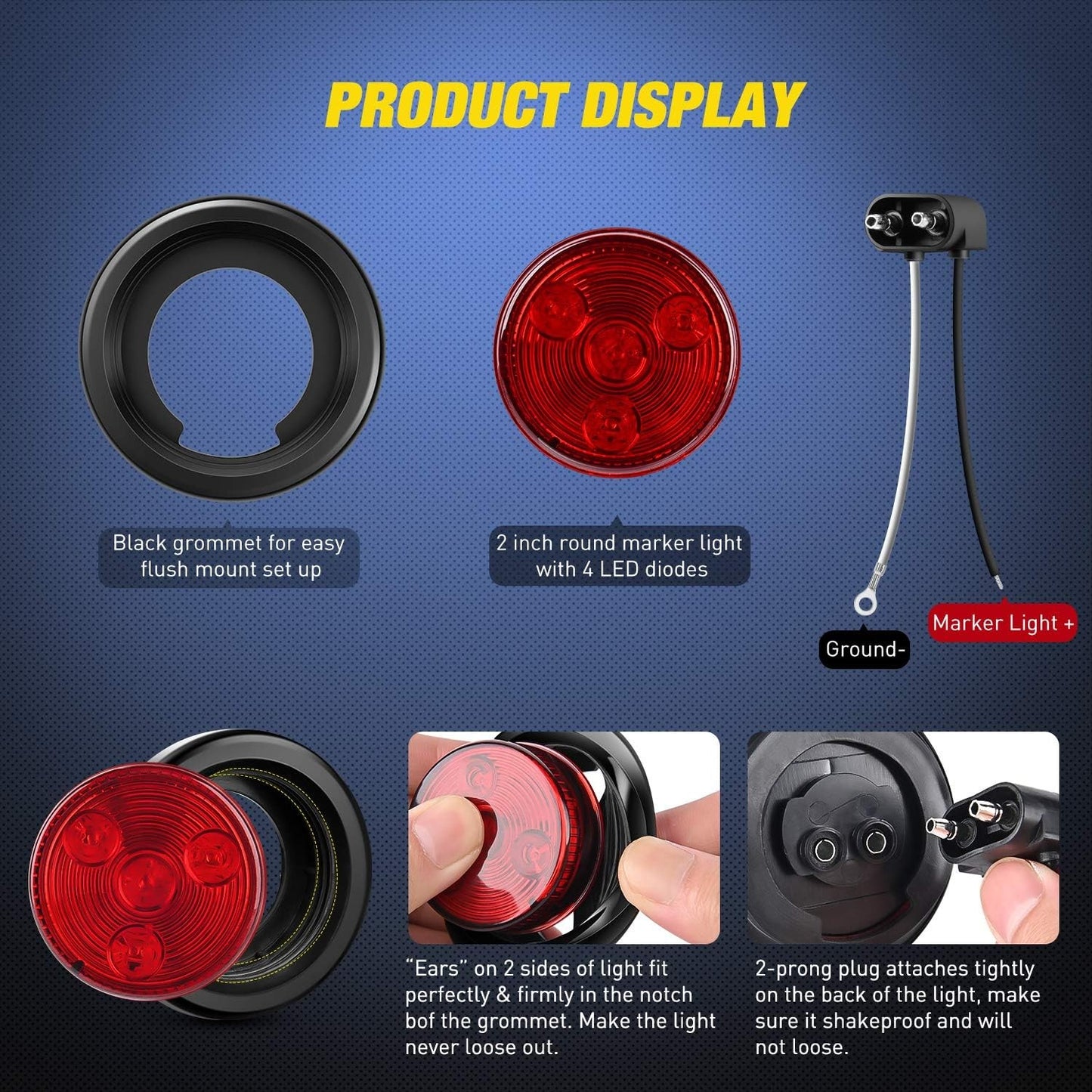 5PCS Red Round Trailer LED Marker Clearance Light 4 LED Flush Mount with Plug