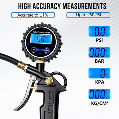 Digital Tire Pressure Gauge with Inflator, 3-250 PSI Air Compressor Accessories