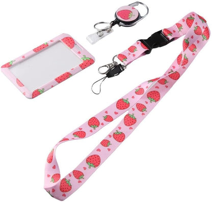 Pink Strawberry ID Badge Holder with Lanyard and Retractable Badge Reel Clip