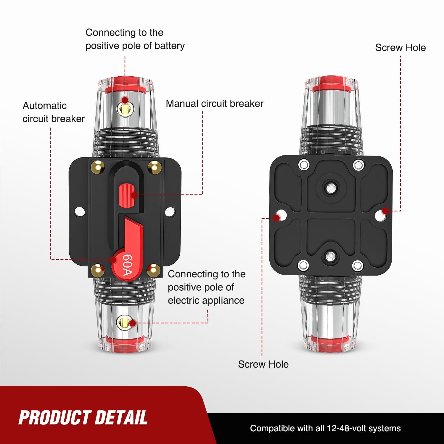 60A Inline Circuit Breaker Resettable 12-24V DC Manual Reset Fuse Holder 3-15AWG