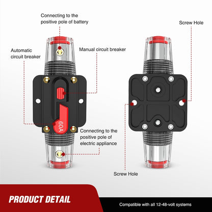 60A Inline Circuit Breaker Resettable 12-24V DC Manual Reset Fuse Holder 3-15AWG