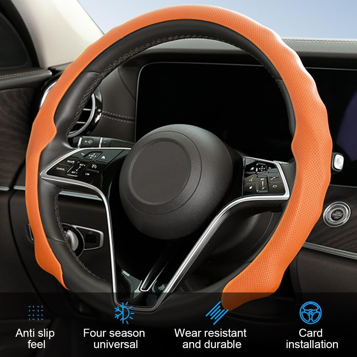 Car Steering Wheel Cover 15 inch Nappa Leather Anti-Slip & Ultra-Thin 5D Vehicle