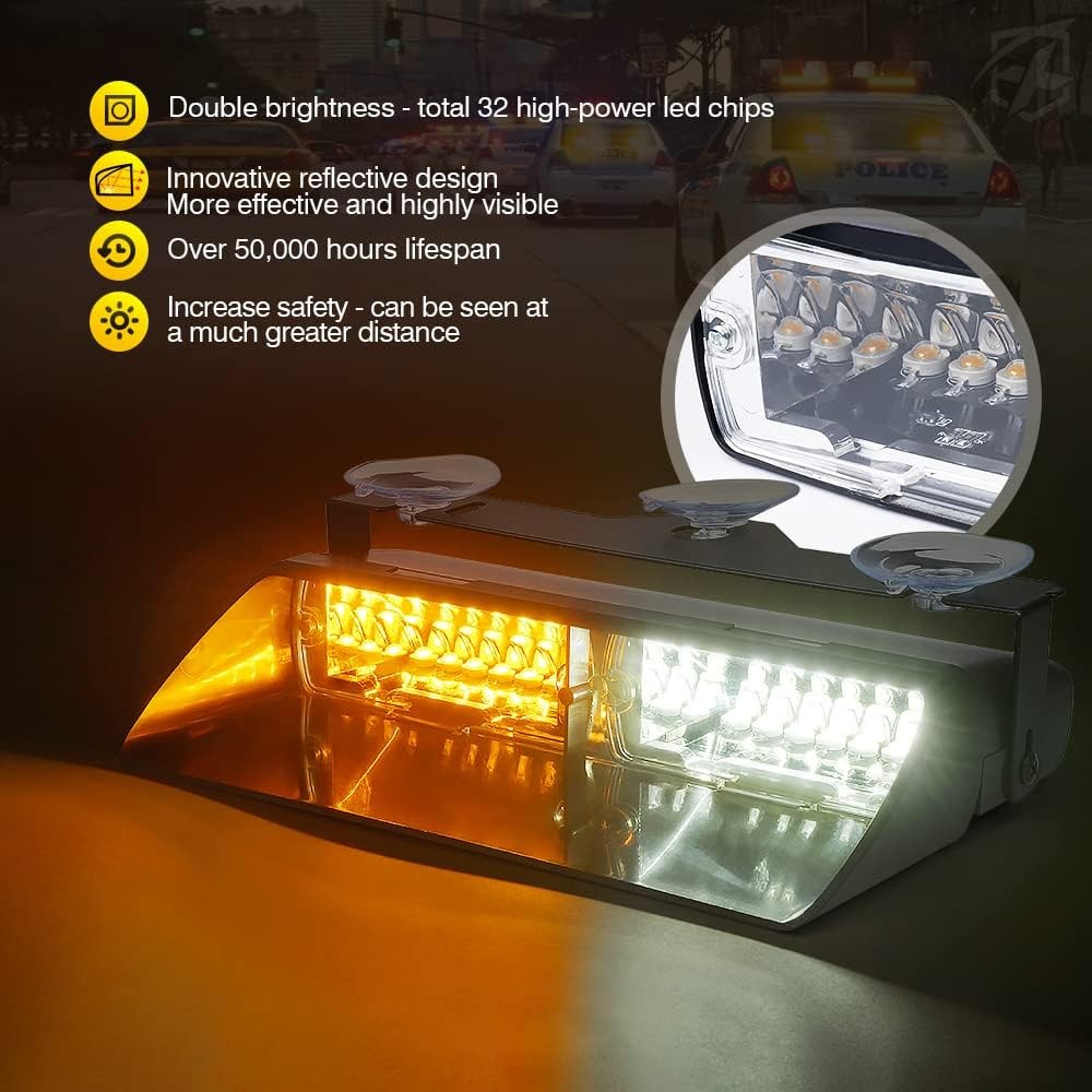 2×11 inch High Intensity White Amber 32 LED Emergency Strobe Dash Lights