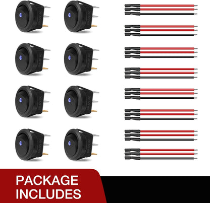 8PCS 12V 20A Round Blue Toggle LED Rocker Switch On-Off Control SPST 3Pins