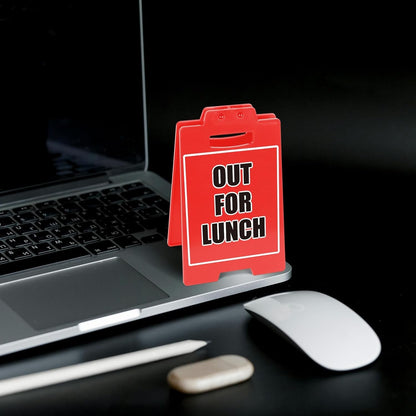 OUT FOR LUNCH Red Sign, Office Desk Accessory & Cubicle Decor, Modern Work Theme