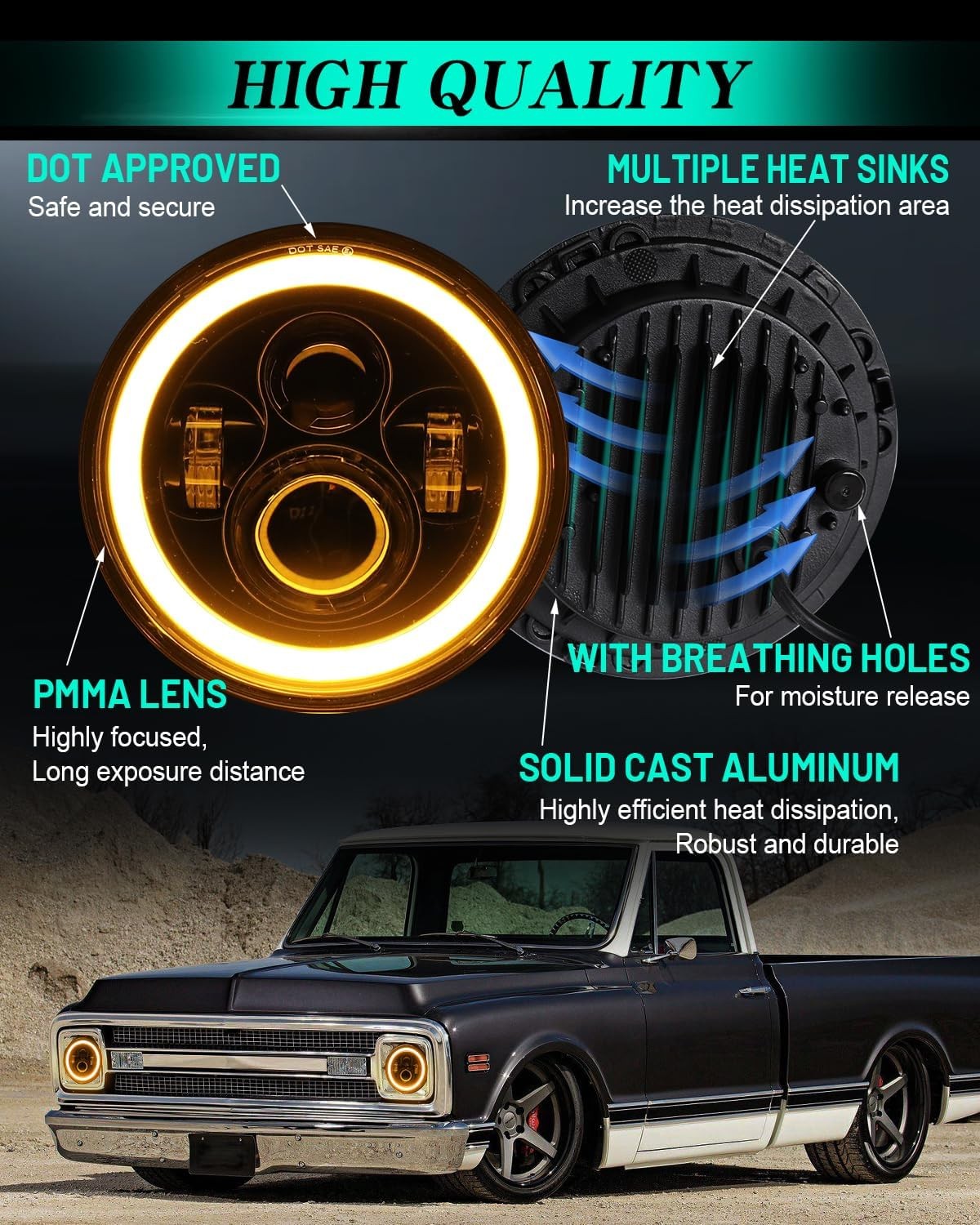 7 inch led Headlight Round 2pc Projector 7 inch Halo led Headlight H6024 DOT