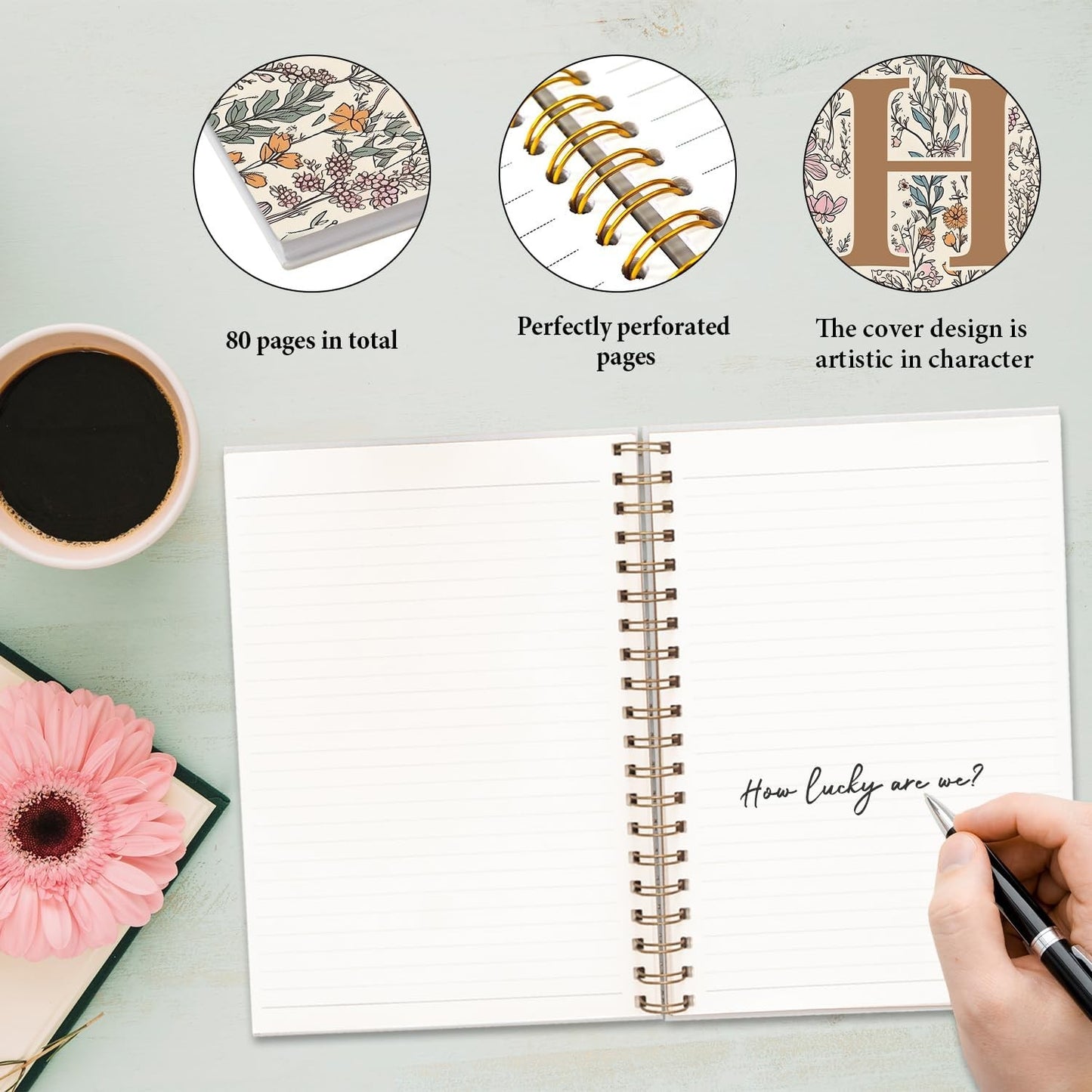 Vintage Boho Floral Personalized Notebook, Initial Letter H Notebook 5.5x8.3