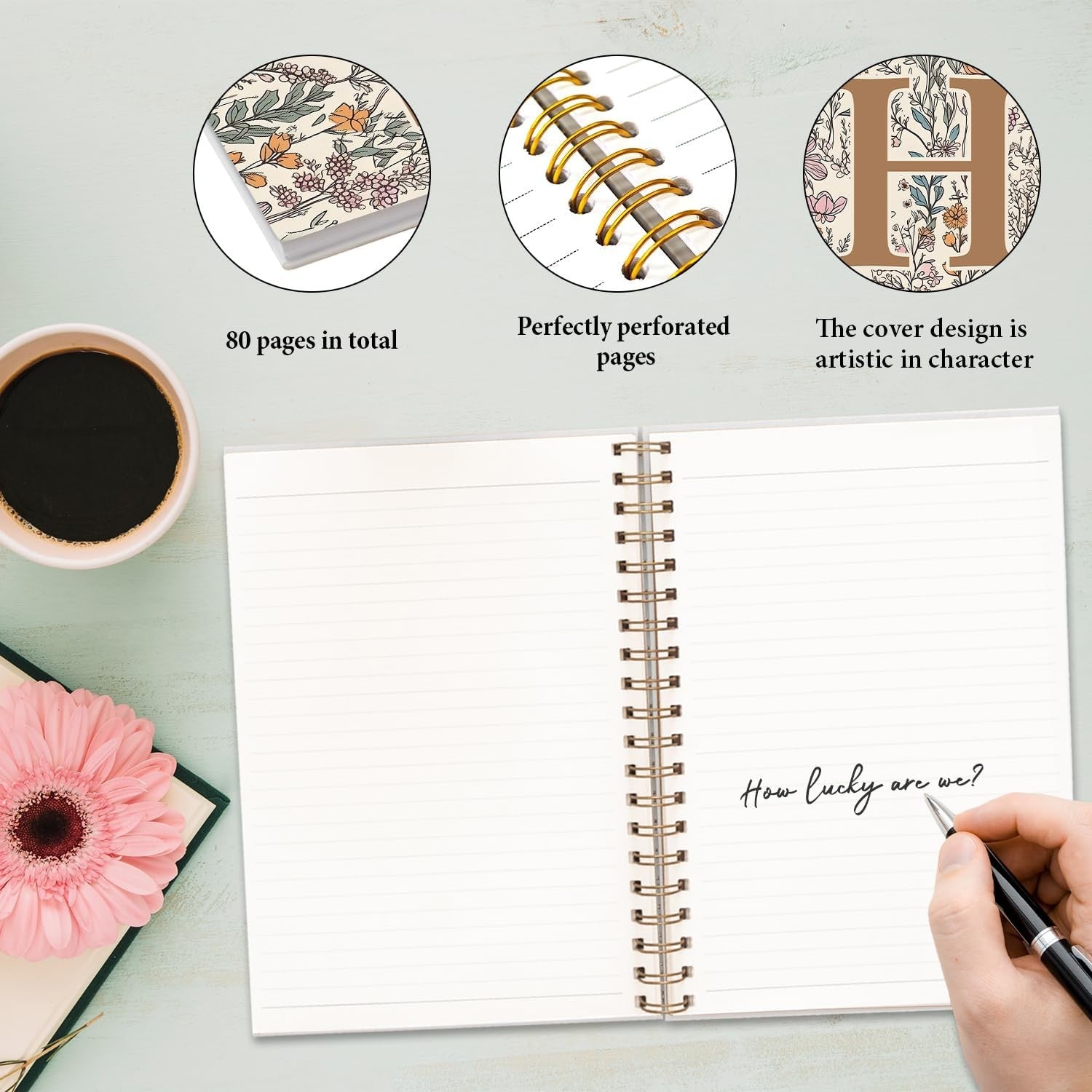 Vintage Boho Floral Personalized Notebook, Initial Letter H Notebook 5.5x8.3
