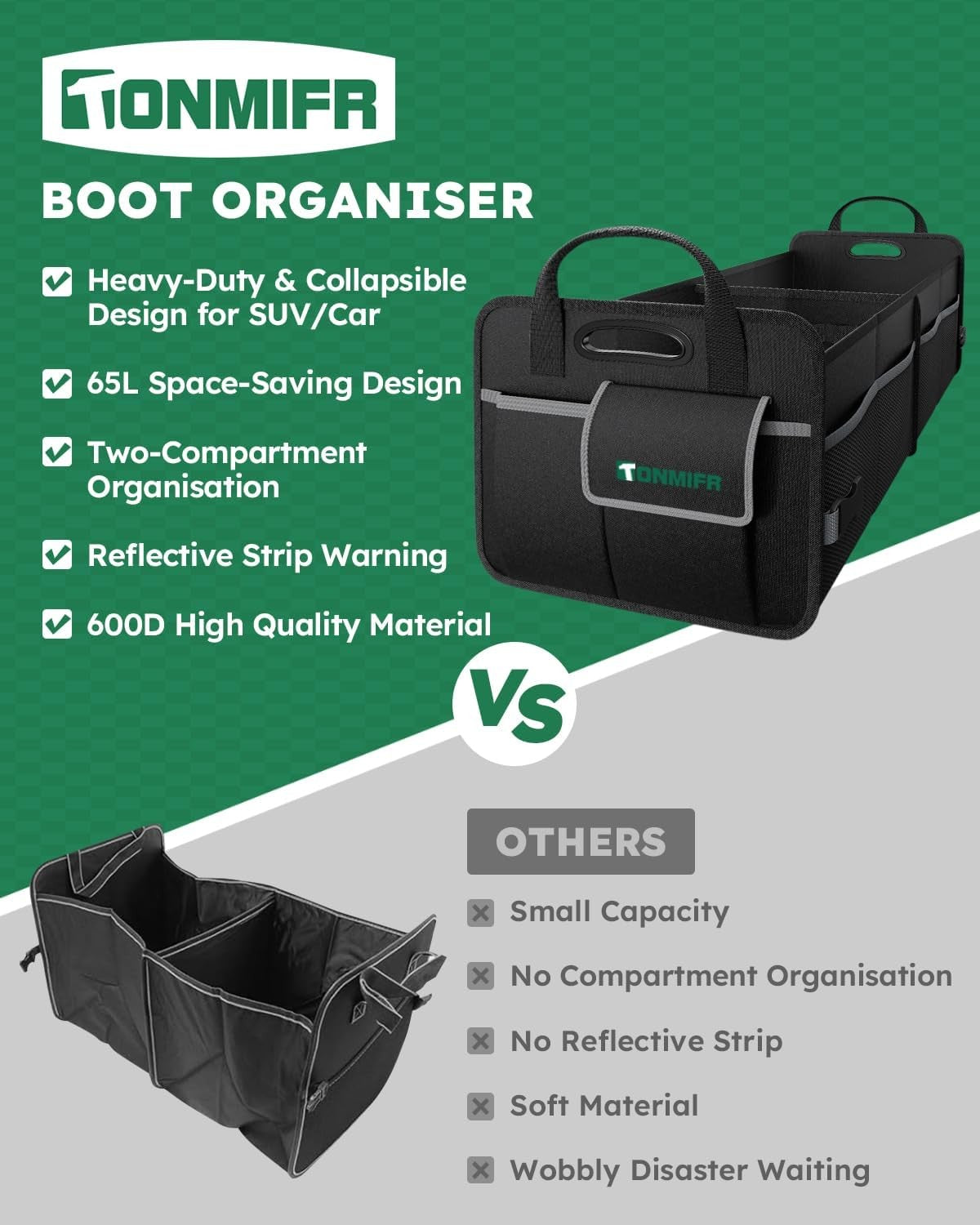 2-Compartment Trunk Organizer & Multi-Compartment Storage Box 600D Waterproof