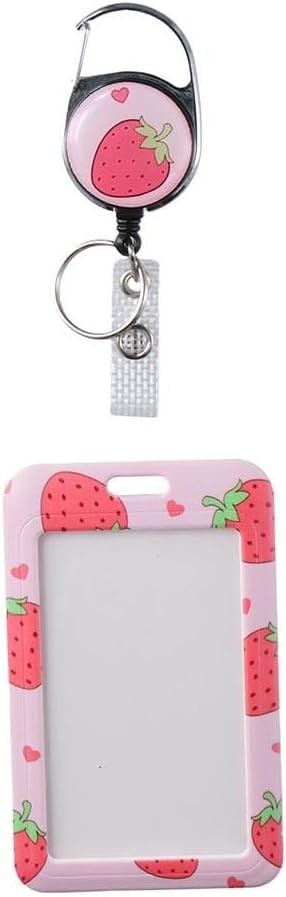 Pink Strawberry ID Badge Holder with Lanyard and Retractable Badge Reel Clip