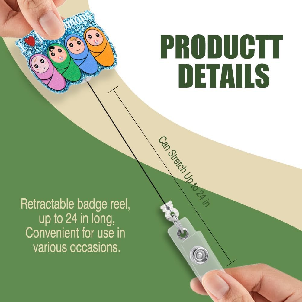 I Love Tiny Humans Retractable Blue Glitter Badge Reel with Clip, Funny Swaddled