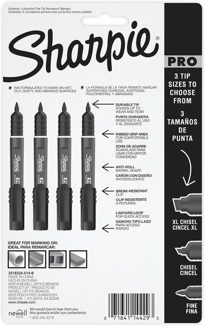 Pro Permanent Markers, Fine Point, Assorted Colors, 4 Count Built Jobsite Tough