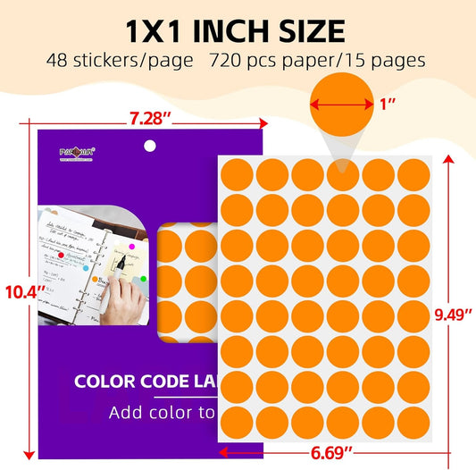 1 Inch Color Code Dot Sticker Labels,Orange Circle Stickers, Round Dots,720 Pcs