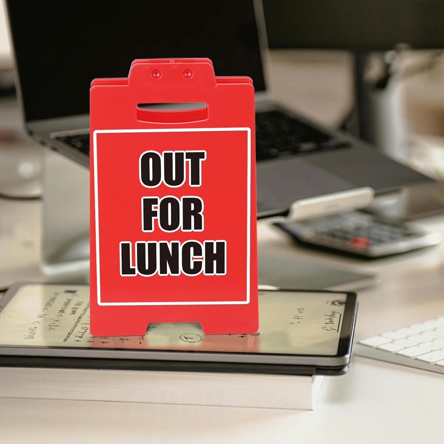 OUT FOR LUNCH Red Sign, Office Desk Accessory & Cubicle Decor, Modern Work Theme