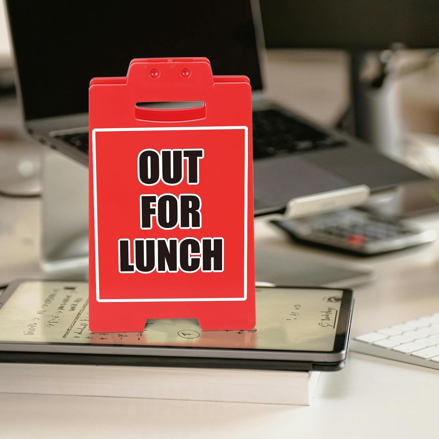OUT FOR LUNCH Red Sign, Office Desk Accessory & Cubicle Decor, Modern Work Theme