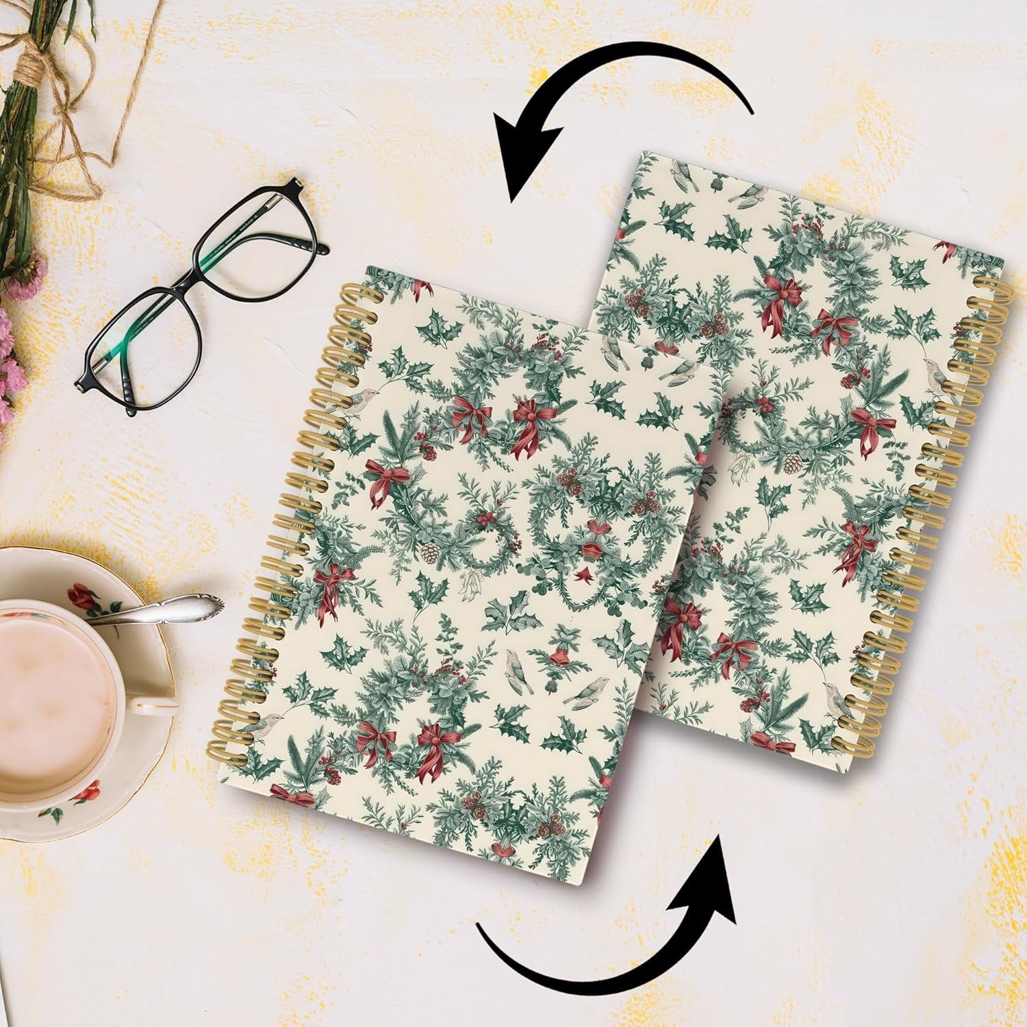Merry Christmas Wreath Journal Notebook - Vintage Christmas Flower  5.5"x8.3"
