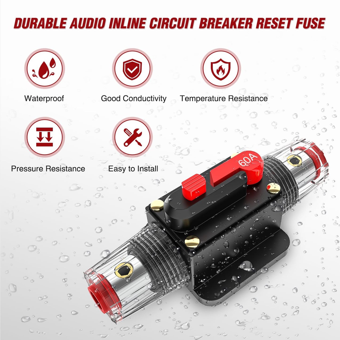 60A Inline Circuit Breaker Resettable 12-24V DC Manual Reset Fuse Holder 3-15AWG