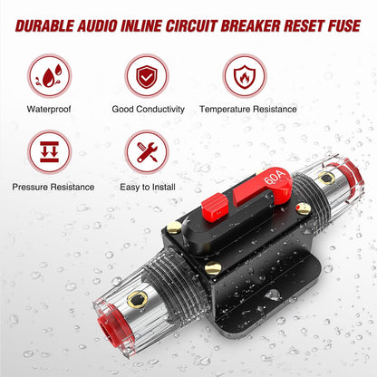 60A Inline Circuit Breaker Resettable 12-24V DC Manual Reset Fuse Holder 3-15AWG