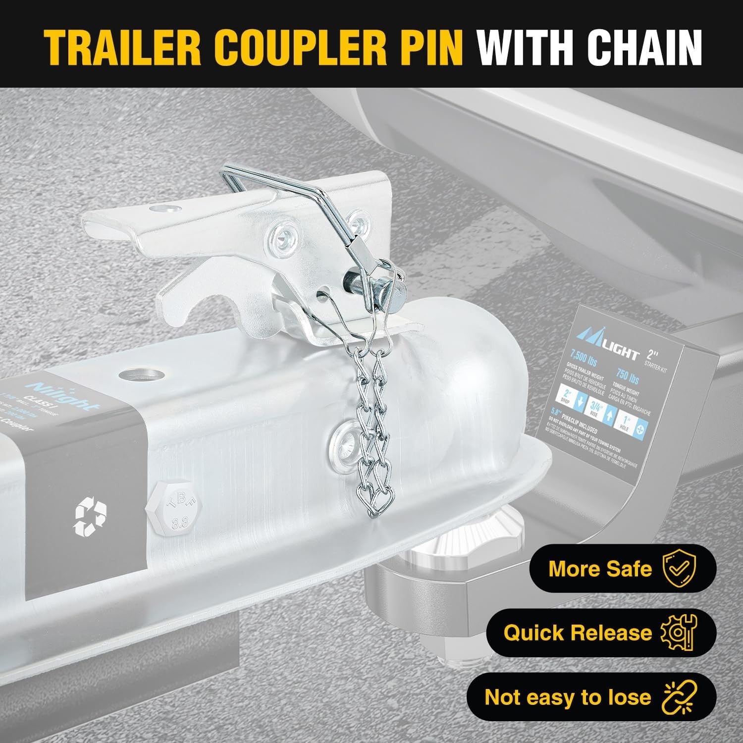 Straight Trailer Coupler with Security Latch&Chain for 1-7/8 Inch Hitch Ball