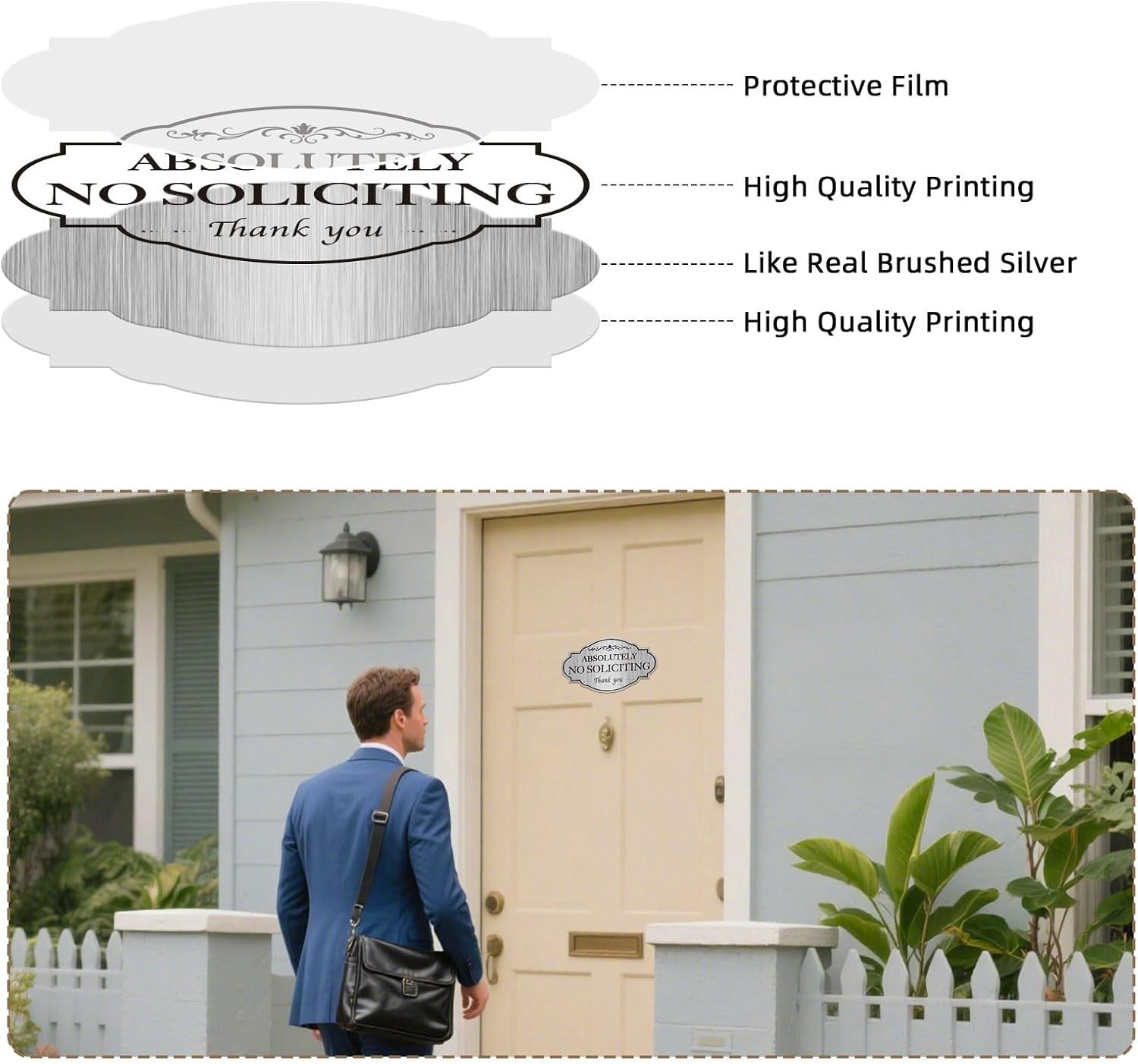 3-Pack Oval No Soliciting Stickers, Waterproof Reflective Silver for Door