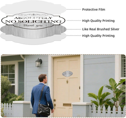 3-Pack Oval No Soliciting Stickers, Waterproof Reflective Silver for Door