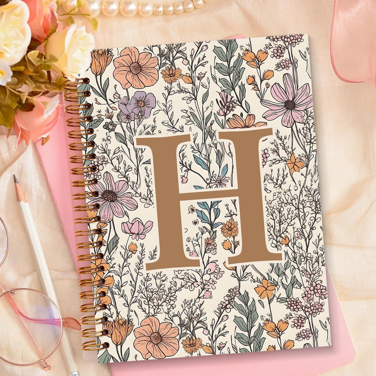 Vintage Boho Floral Personalized Notebook, Initial Letter H Notebook 5.5x8.3