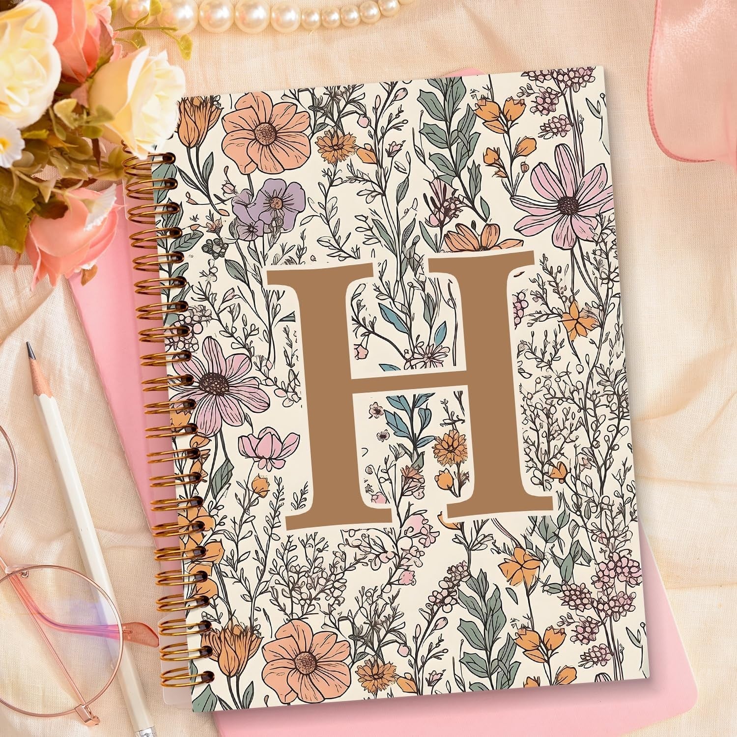 Vintage Boho Floral Personalized Notebook, Initial Letter H Notebook 5.5x8.3