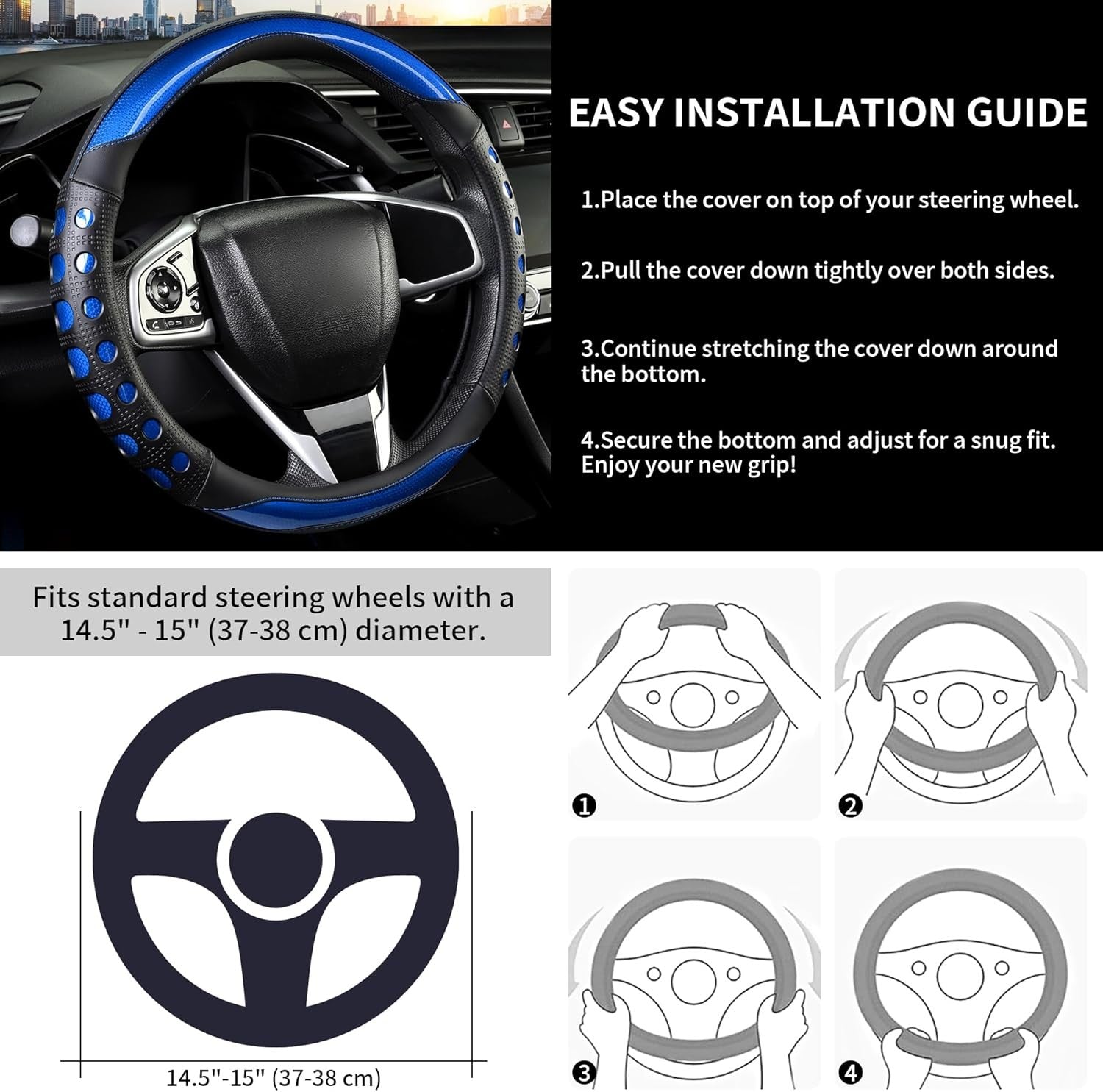 PU Leather Car Steering Wheel Cover Anti-Slip Grip for Women and Men14.5-15 Inch