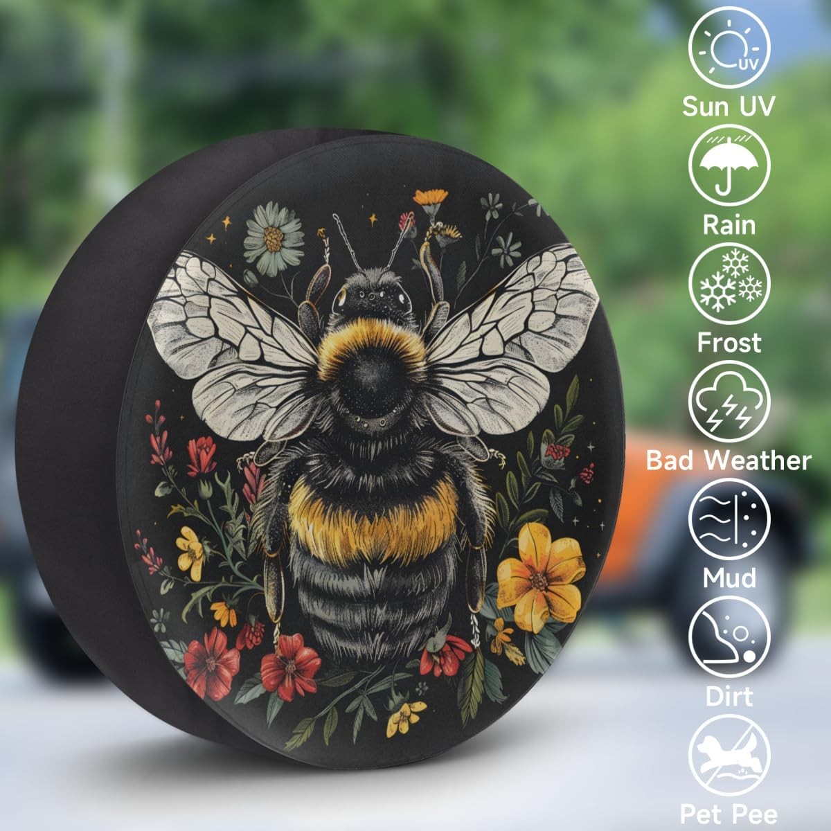 Spare Tire Cover Bee and Flowers Wheel Covers Protectors Waterproof Dust-Proof