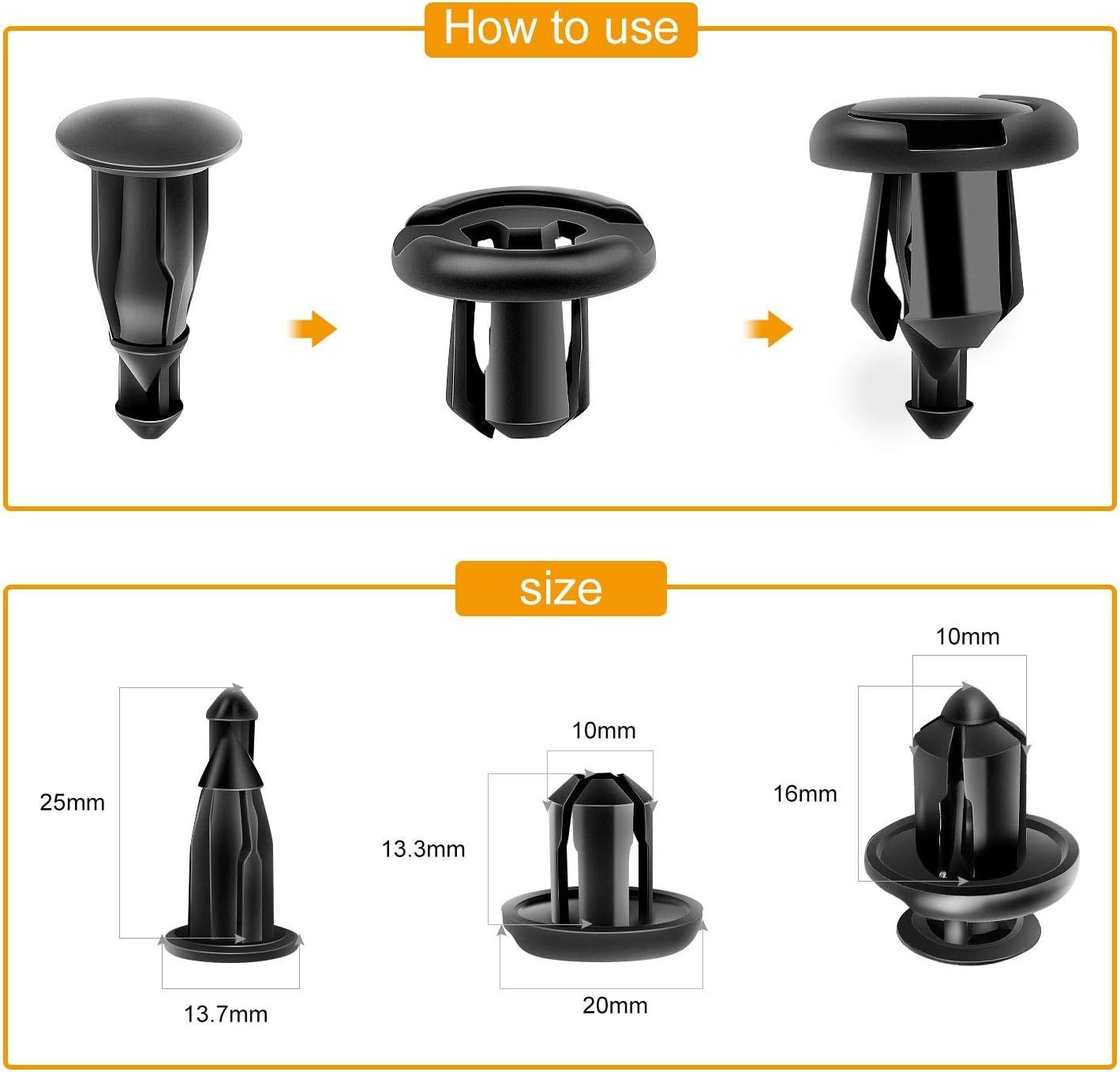 Fender Rivet Clips 100PCS 10mm Black GRC-45 Fastener Remover 91503-SZ3-003 Bonus
