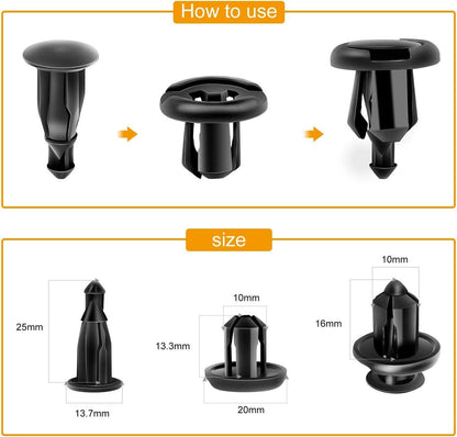 Fender Rivet Clips 100PCS 10mm Black GRC-45 Fastener Remover 91503-SZ3-003 Bonus