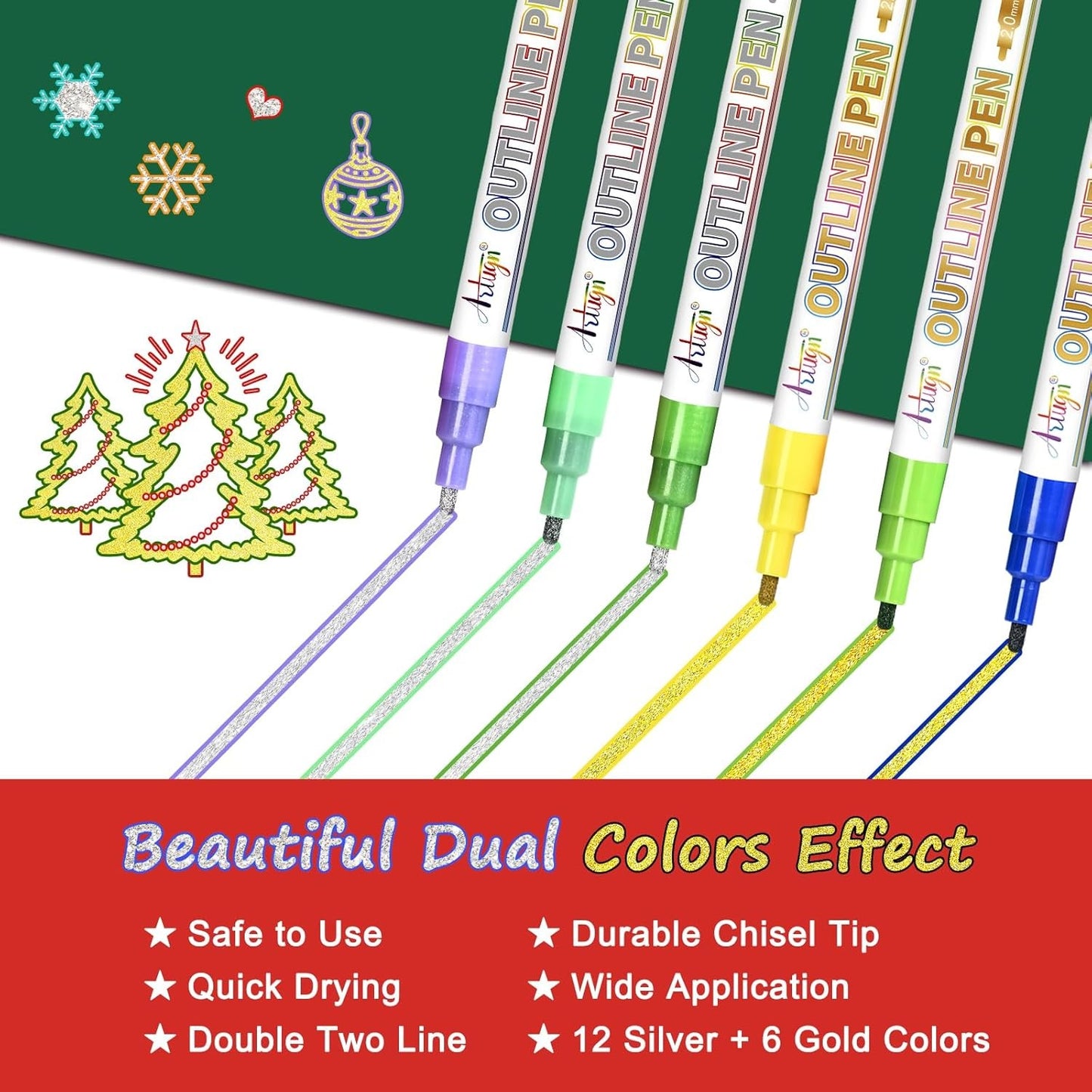 Outline Markers, 18 Metallic Shimmer Glitter Gel Pens, Tween Teen Girl Gifts