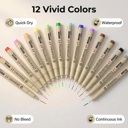 01 Micro Fineliner Drawing Art Pens, 12 Colors 0.25mm Extra Fine Point Pens