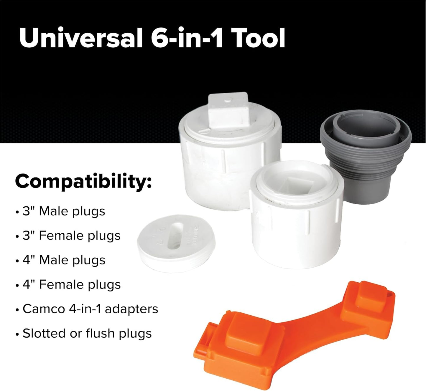 RhinoFLEX 6-in-1 Camper/RV Sewer Wrench - Compatible with 3-Inch and 4-Inch Male