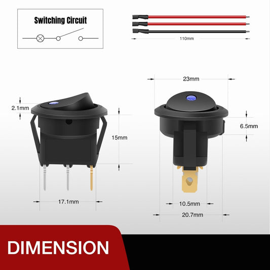 8PCS 12V 20A Round Blue Toggle LED Rocker Switch On-Off Control SPST 3Pins