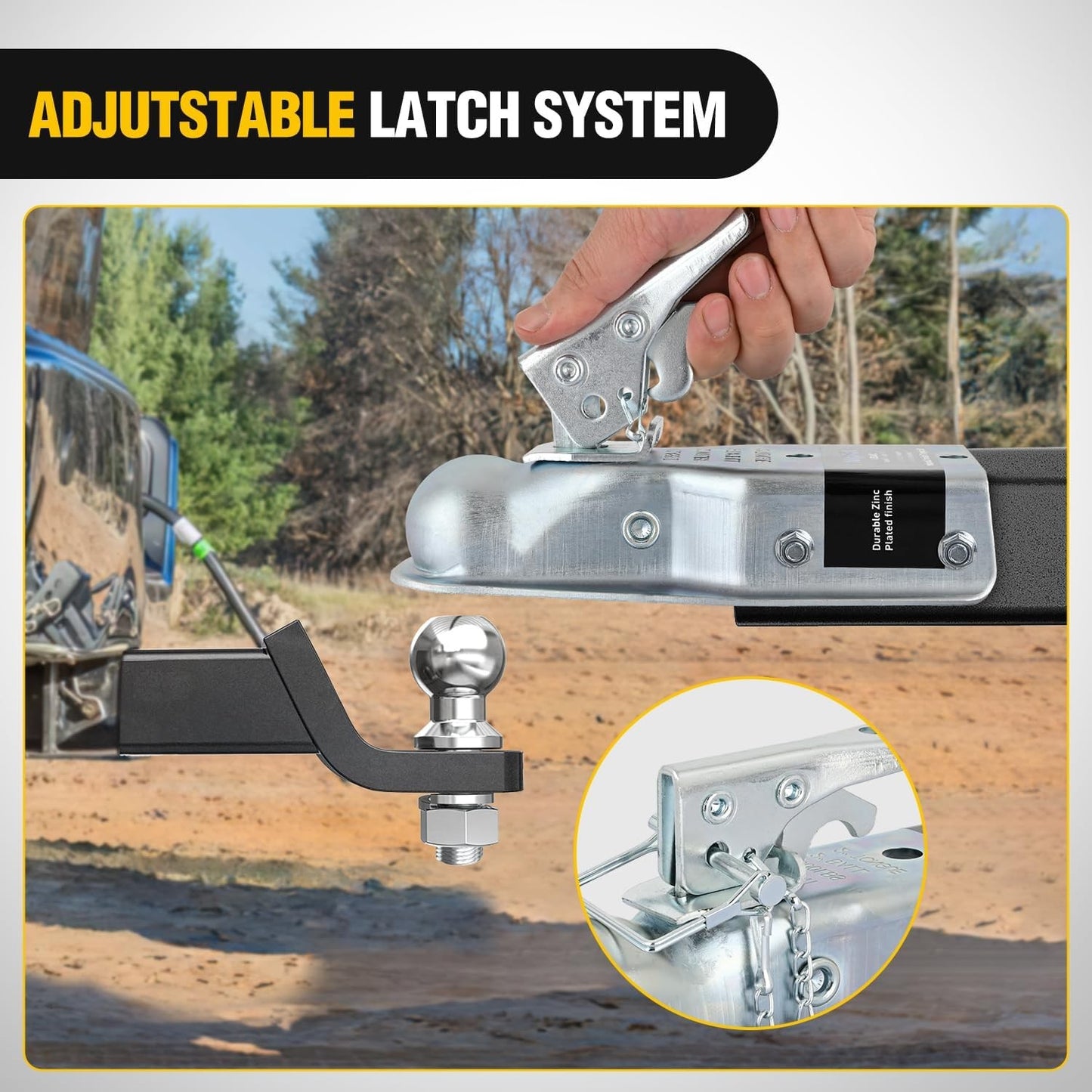 Straight Trailer Coupler with Security Latch&Chain for 1-7/8 Inch Hitch Ball