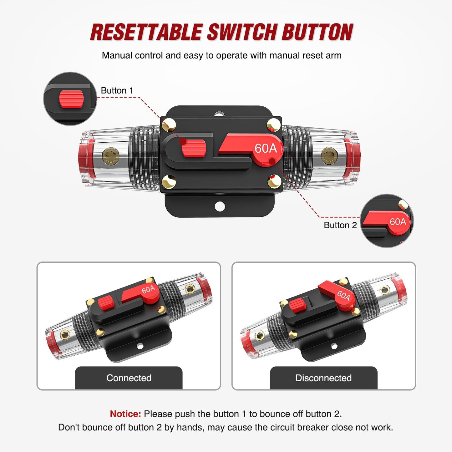 60A Inline Circuit Breaker Resettable 12-24V DC Manual Reset Fuse Holder 3-15AWG