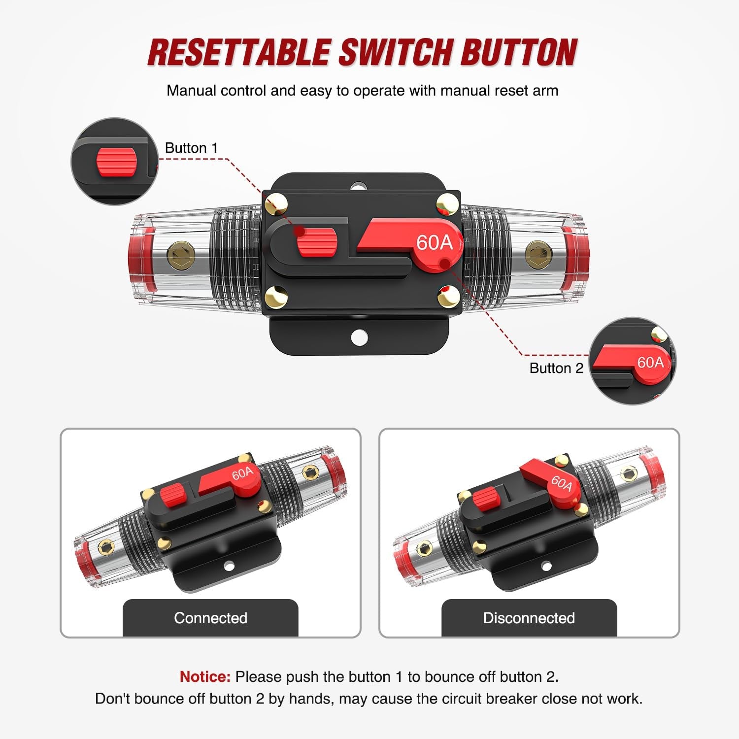 60A Inline Circuit Breaker Resettable 12-24V DC Manual Reset Fuse Holder 3-15AWG