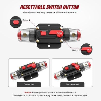 60A Inline Circuit Breaker Resettable 12-24V DC Manual Reset Fuse Holder 3-15AWG