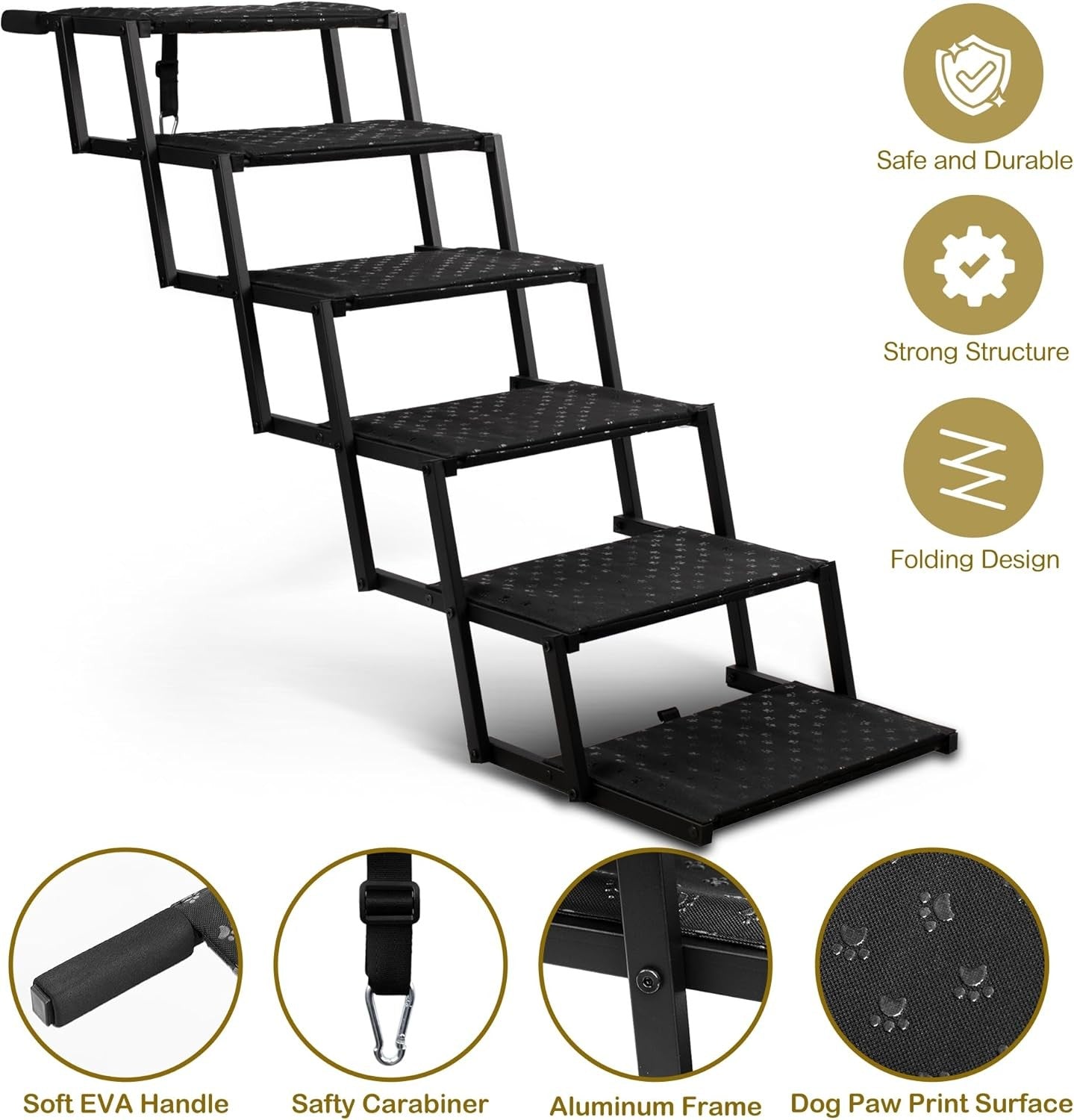Dog Stairs for Car - Foldable Dog Ramps for Large Dogs with Non Slip 6 Steps