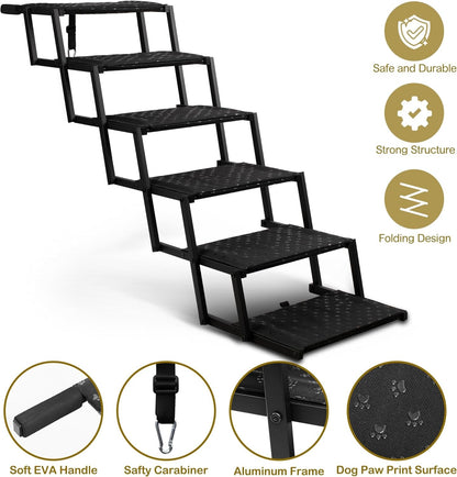 Dog Stairs for Car - Foldable Dog Ramps for Large Dogs with Non Slip 6 Steps