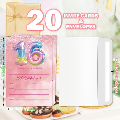 Pink Birthday Invitations Girl, Glitter 16th Birthday Party Invites, Rainbow