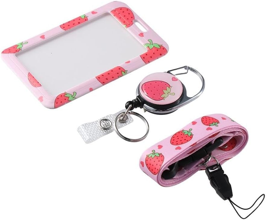Pink Strawberry ID Badge Holder with Lanyard and Retractable Badge Reel Clip