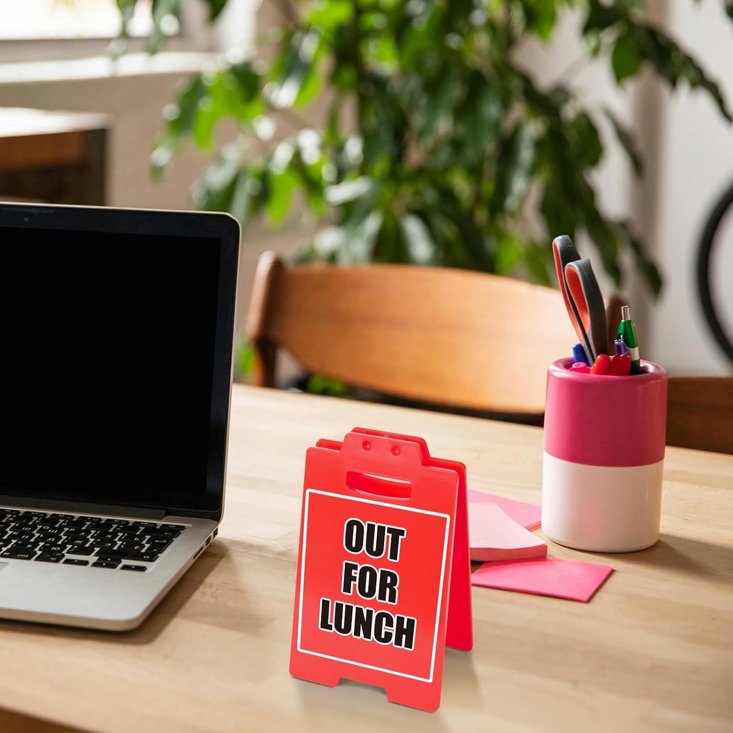 OUT FOR LUNCH Red Sign, Office Desk Accessory & Cubicle Decor, Modern Work Theme
