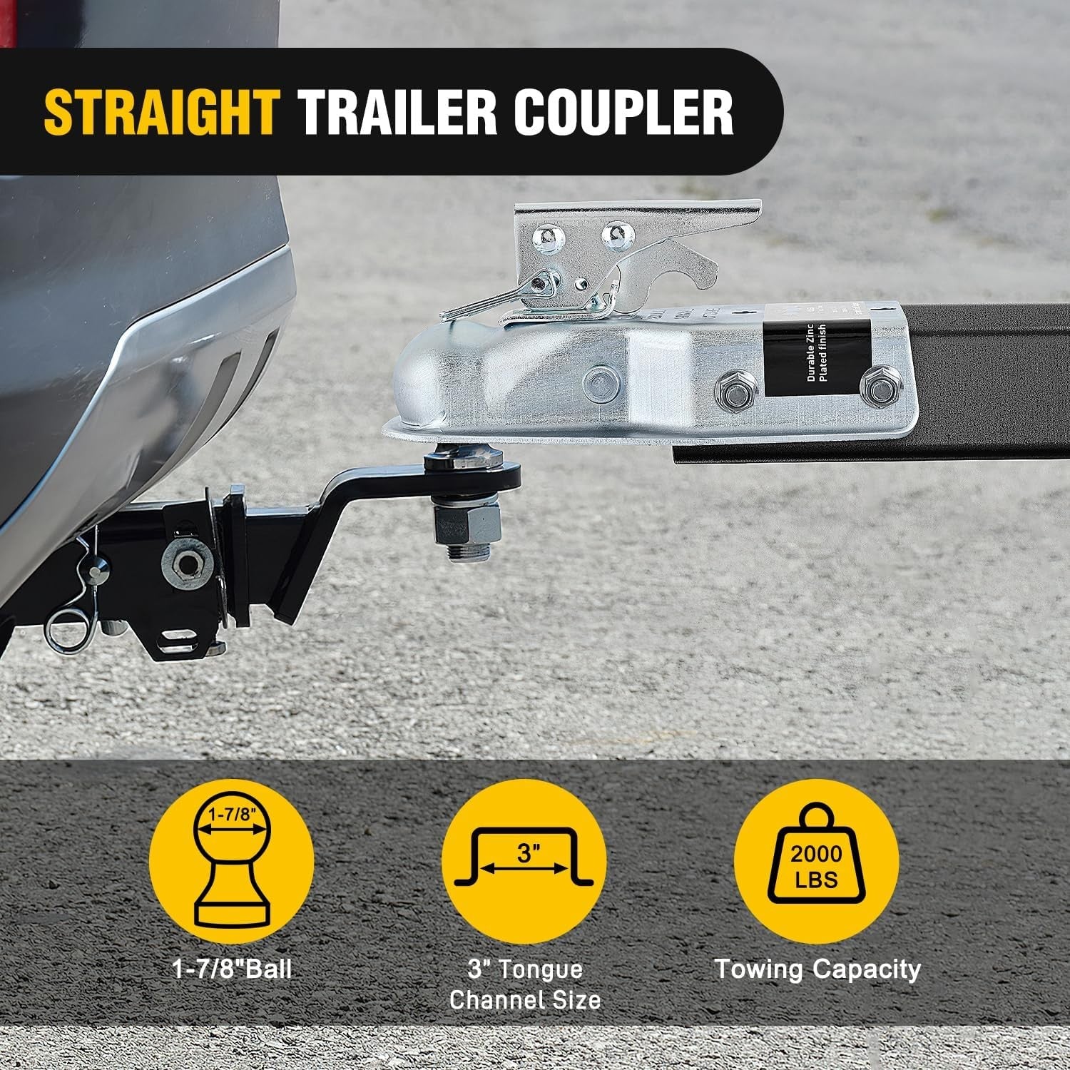 Straight Trailer Coupler with Security Latch&Chain for 1-7/8 Inch Hitch Ball